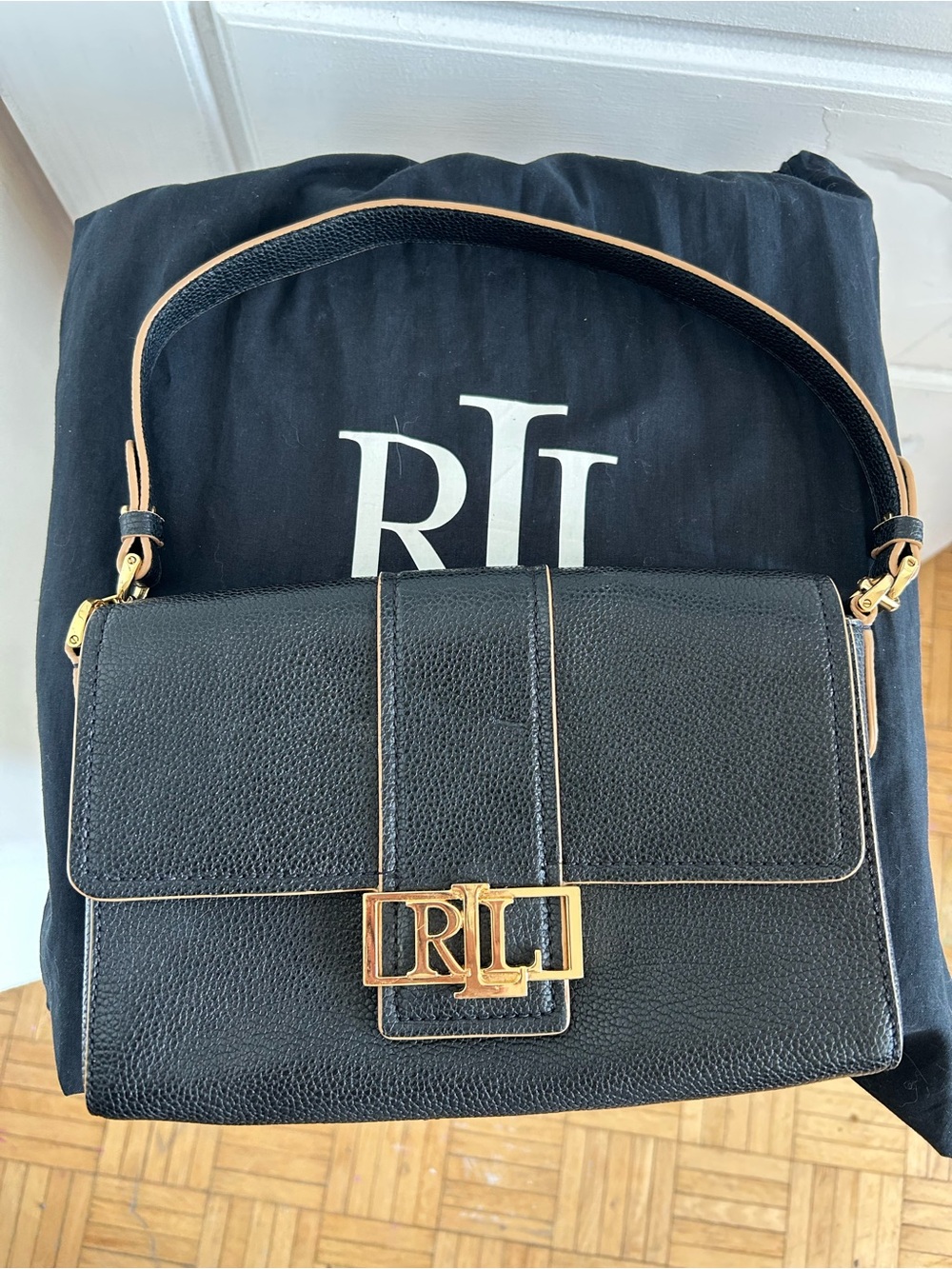 Lauren Ralph Lauren RLL Black Pebbled Leather Shoulder Bag Gold Hardware